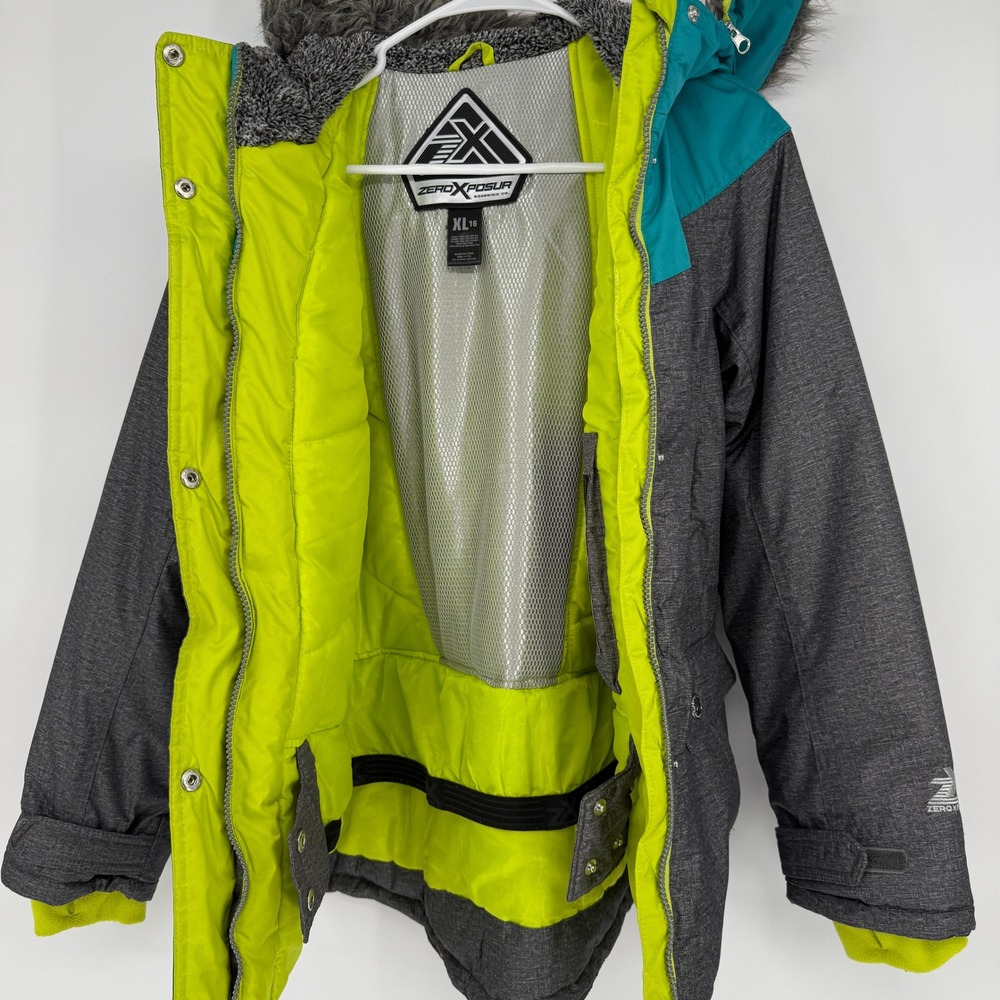 ZeroXposur Kids Winter Ski Snow‎ Jacket Turquoise Gray Fur Hood Size XL 16 - Picture 11 of 14